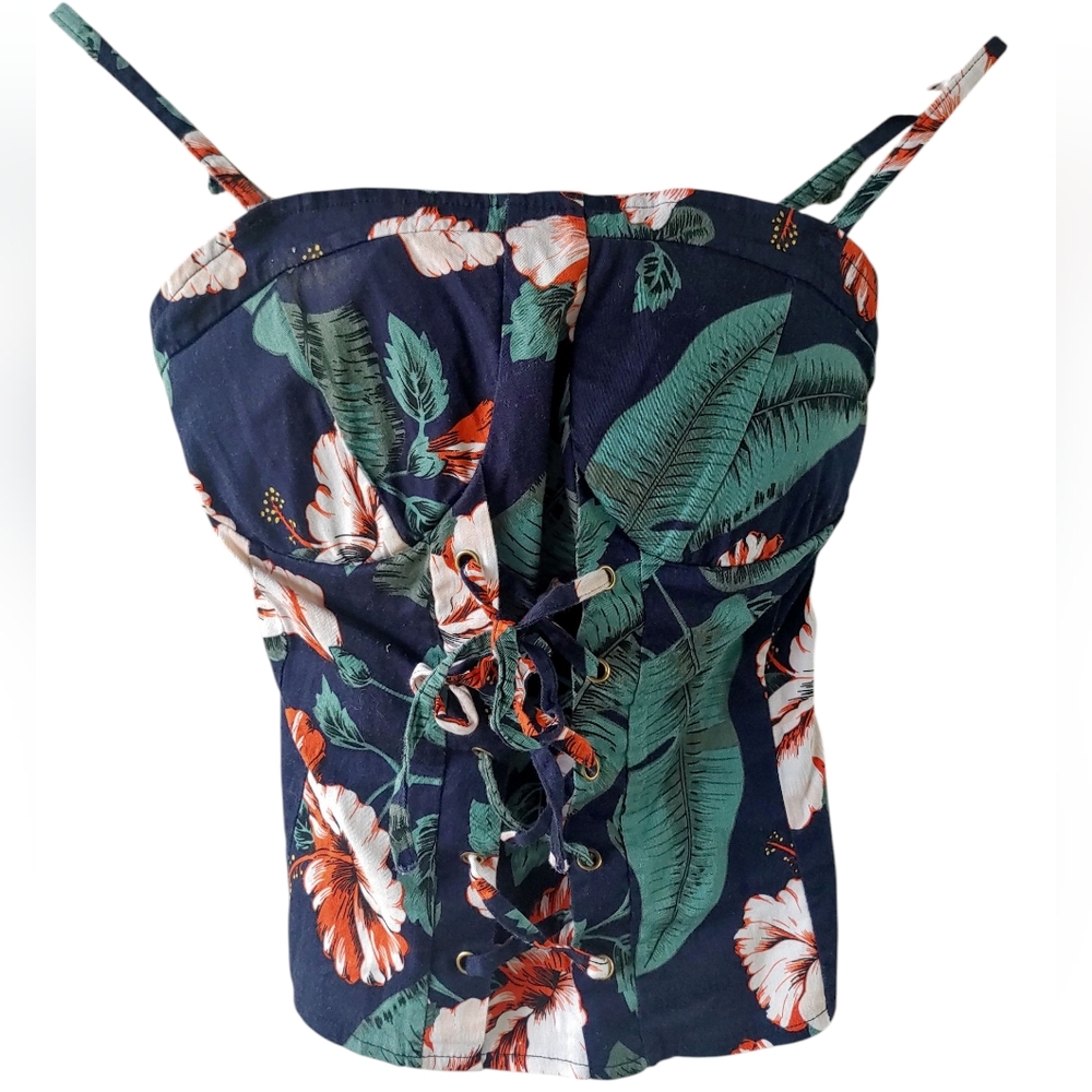Estrella Floral Lace-Up Corset Top Spaghetti Straps Small